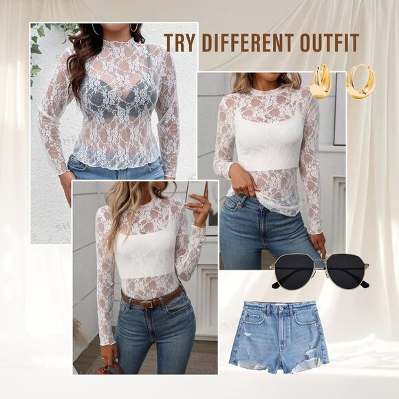 🆕Women White Lace Sheer Long Sleeve Top Sexy See Through Y2K Blouse Polyester - Picture 7 of 7